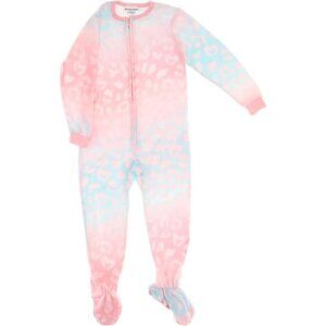 Komar Kids Girls Blue Pink Leopard Fleece Footed One Piece Pajamas Size Large 10